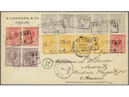 1 cent lilagrijs tanding 13½ x 13¼ in strip van 5, 2 cent geel tanding 13½ x 13¼ in strip van 4, 2½ cent karmijn tanding 12½ 