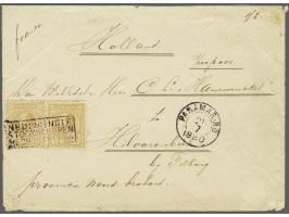 10 cent geelbruin tanding 12½ x 12 in paar op envelop van Paramaribo 21-7-1880 naar Hilvarenbeek met geschreven Zeepost. Zege