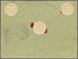 15 cent grijs tanding 12½ x 12, 40 cent donkerbruin tanding 12½ x 12 en Cijfer 1 cent grijs (2x) en 3 cent groen op aangeteke