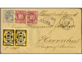 15 cent grijs, Cijfer 2½ cent karmijn in paar en hulpzegel 2½ cent geel en zwart in type I in paar op envelop van Paramaribo 