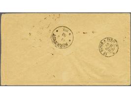 15 cent grijs, Cijfer 2½ cent karmijn in paar en hulpzegel 2½ cent geel en zwart in type I in paar op envelop van Paramaribo 