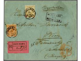50 cent oranjebruin tanding 12½ x 12 en Hangend Haar 10 cent geelbruin op aangetekende brief van Paramaribo 11-10-1897 over P