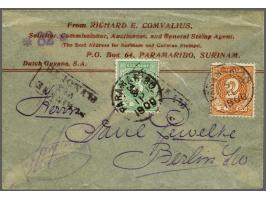 Cijfer 2 cent oranjebruin en 3 cent groen op als drukwerk verzonden pergamijnzakje van Paramaribo 5-11-1900 via Plymouth naar