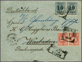 Cijfer 2½ cent karmijn in paar en hulpuitgifte 10 op 12½ cent blauwzwart in paar op envelop van Paramaribo 6-7-1902 via Le Ha
