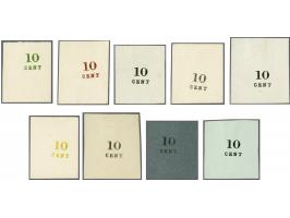 Hulpuitgifte 1898. 9 proefopdrukken 10 cent in type II in verschillende kleuren op diverse soorten papier: in zwart op glad w