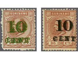 Hulpuitgifte 1898. Proefopdruk 10 cent in type II in groen en zwart op 30 cent lilabruin met variëteit dubbele opdruk. Pracht