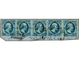 5 cent donkerblauw plaat III pos. 36-40 in strip van 5 met Assen C (Ey 125), pracht ex. (onder deels korter) op fragment. Str