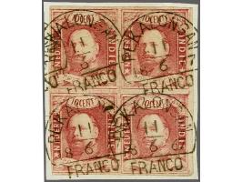 10 cent wijnrood pos. 29-30 en 39-40 in blok van 4 met halfrond-francostempel Pekalongan (Voerman 75) op briefstukje, vrijwel