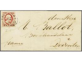 Bolsward B (Ey 175) op 10 cent karmijn plaat I pos. 18 op briefomslag van Workum (langstempel achterzijde) 15-10-1853 naar De