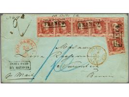 10 cent wijnrood pos. 93-97 in strip van 5 en los ex. pos. 98 op envelop van Soerabaja 23-8-1864 naar Neurenberg (D). Linksbo