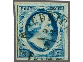 Woudrichem A (Ey 900) op 5 cent blauw, pracht ex. (links korter). Het Corinphila-archief meldt 10 afdrukken van dit stempel o