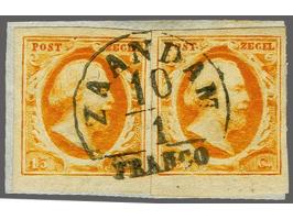 Zaandam A (Ey 250) centraal op 15 cent donkeroranje (2x) beide met velrand op fragment, pracht ex.