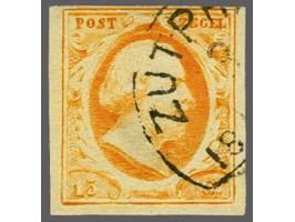 Zutphen C (Ey 900) op 15 cent donkeroranje, pracht ex. (boven korter) Het Corinphila-archief meldt 17 afdrukken van dit stemp