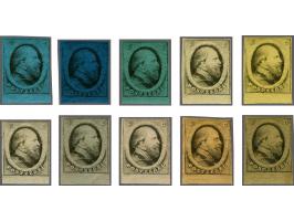 Definitieve proefdruk 5 cent ongetand in zwart op 10 verschillende kleuren papier, alle met velrand, pracht ex. In deze kwali