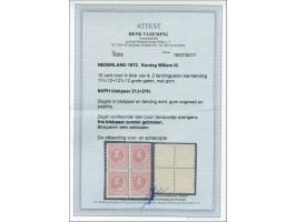 10 cent rood in gecombineerd tandingpaar 11½ x 12 en 12½ x 12 grote gaten in blok van 4 met certificaat Vleeming 2017: Zegel 