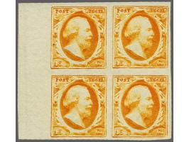 15 cent donkergeeloranje pos. 11-12 en 16-17 op dun papier in luxe blok van 4 met velrand en watermerklijn en certificaat Vle