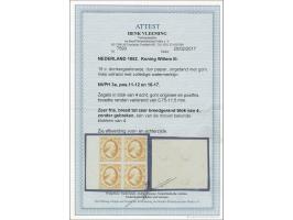 15 cent donkergeeloranje pos. 11-12 en 16-17 op dun papier in luxe blok van 4 met velrand en watermerklijn en certificaat Vle