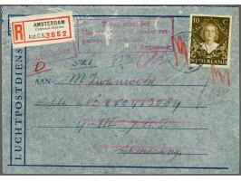 10 cent inhuldiging op luchtpostenvelop Julianadorp 4.IV.49 naar Semarang, rood Terug afzender/ Uitvoer van geld zonder ver-/