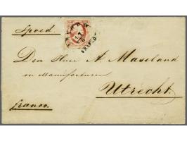 Arnhem A (Ey 75) op 10 cent karmijn plaat I pos. 69 op vouwbrief 17-8-1852 naar Utrecht met tevens geschreven Spoed, pracht e