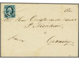 Delfzyl A (Ey 200) op 5 cent donkerstaalblauw plaat I op briefomslag 19-3-1853 naar Groningen, pracht ex.