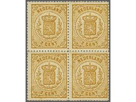 2 cent bruingeel tanding 14 kleine gaten in blok van 4, gomzijde minimiem getint en 2 ex. bruin vlekje, cat.w. 1500+