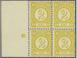 2 cent olijfgeel in blok van 4 met velrand en drukkersteken, cat.w. 800+