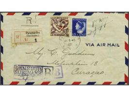 Mercurius 22½ op 60 cent met variëteit kopstaande opdruk op aangetekende gecensureerde envelop van Paramaribo 24-5-1945 naar 