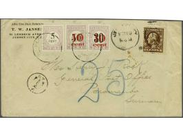 5 cent lila en zwart type I en Hulpuitgifte 10 op 30 cent type III en 10 op 50 cent type II op envelop uit Jersey City, USA n