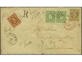 Willem III 10 cent oranjebruin tanding 12½ grote gaten, 15 cent grijsbruin tanding 12½ x 12 grote gaten en Cijfer 5 cent groe