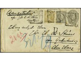 Willem III 12½ cent grijs tanding 12½ kleine gaten en Hangend Haar 15 cent olijfbruin op aangetekende envelop 12½ cent G. nr.