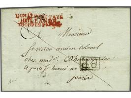 Don D PORT PAYÉ HOLLANDE TROUPES Foises deels zwaar beïnkt in rood op brief Arnhem-Paris 21 Pluviose An 12 (11 febr.1802) met
