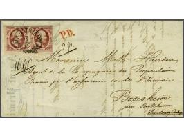 10 cent donkerrood plaat IV pos. 49-50 met velrand in paar op kwitantie van 16 gram van Maastricht 31-12-1856 via Tongeren na