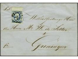 Delfzyl A (Ey 200) op 5 cent blauw plaat II met velrand op vouwbrief 6-4-1854 naar Groningen, pracht ex. (zegel vouwtje in ve
