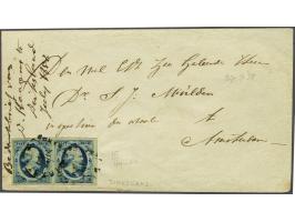Dirksland A (Ey 300) op 5 cent blauw plaat III pos. 49-50 in paar op envelop 23-7-1858 naar Amsterdam, pracht ex.