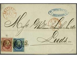 5 cent blauw en 10 cent rood op briefomslag van Amsterdam 3-12-1866 naar Leeds (GB), pracht ex.