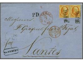 15 cent oranje in paar op briefomslag van Rotterdam 18-4-1866 naar Nantes (F), fris pracht ex.