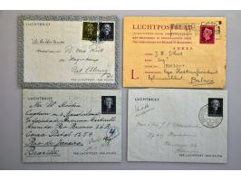 21 luchtpostbladen w.b. G.1a en b, 2a en b en 7 met bijdruk M.S. Oranje, alle echt gebruikt. Tevens briefkaart luchtdienst Am