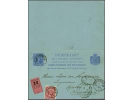 Dubbelkaart 5 cent Wilhelmina blauw met 10 cent bijfrankering voor aantekenrecht met kleinrond 'sGravenhage 4 11 apr 96 naar 
