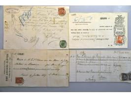 800 kwitanties ca. 1885-1920 met 10, 20, 25, 30, 40, 50, 60 en 70 cent. en 1 frc. frankering, veel geïllustreerd (doubletten)