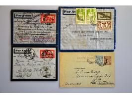 65 postwaardestukken w.b. Tunesië airmail cards met opdrukken ca.1941, Madagascar ca.1938, etc. in album, ex. Drukker