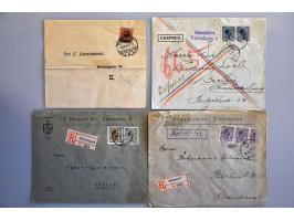 ca. 120 post(waarde)stukken w.b. betere frankeringen, censuur en Deens West-Indië (o.a. prentbriefkaarten) in doosje