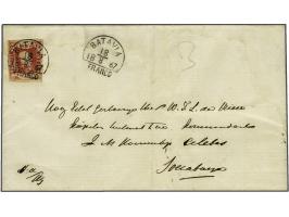 10 cent wijnrood op vouwbrief van Batavia 18-8-1867 naar Soerabaja, vrijwel pracht ex. (zegel linksonder net geraakt en brief