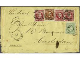 5, 10 en 50 cent (3x), halfrondstempel MAKASSAR 9/1 18 71 op envelop (links onder beschadigd) naar Amsterdam, route Via Tries