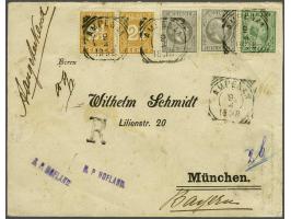 12½ cent grijs tanding 12½ kleine gaten (2x), Cijfer 2½ cent oranjegeel tanding 12½ x 12 in paar en Hangend Haar 30 cent lich