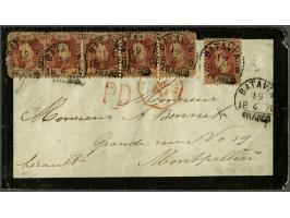 Willem III 10 cent karmijnrood (6x w.b. strip van 4) op envelop van Batavia 19-6-1870 naar Montpellier (F). Juist tarief van 