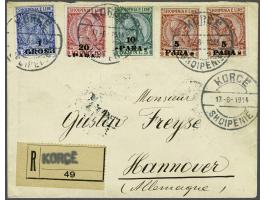 Skanderbeg 5 para redbrown (2x), 10 para green, 20 para red and 1 grosh blue on registered cover from Korce 17-6-1914 to Hann