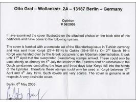Skanderbeg 5 para - 2 grosh on philatelic cover from Korce 27-4-1914 to Qukes, very fine with opinion Otto Graf 2008. Scarce,