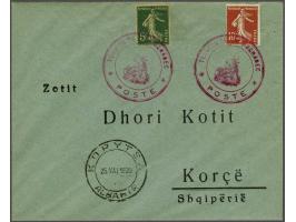 French Occupation 1916-1920. Semeuse 5 centimes dark green and 10 centimes red with cachet Territoire de Pogradec. Poste in v