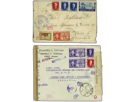 Italian Occupation 1939-1943. Express 25 qind in vertical pair a.o. on registered censored envelop from Korce 31-12-1942 to G