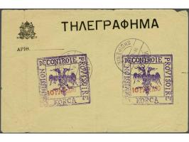 Provisional Issue Korce. Cachet 10 para violet and red (2x) on unaddressed Greek telegraph entire cancelled 19-3-1914, fine (
